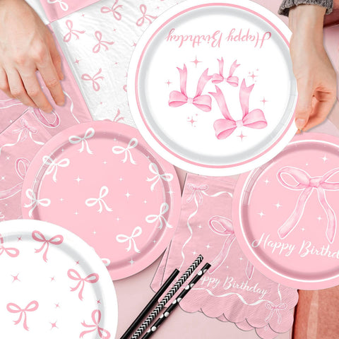 Pymurod pink bow 7-inch plates provide portion-friendly dessert options.