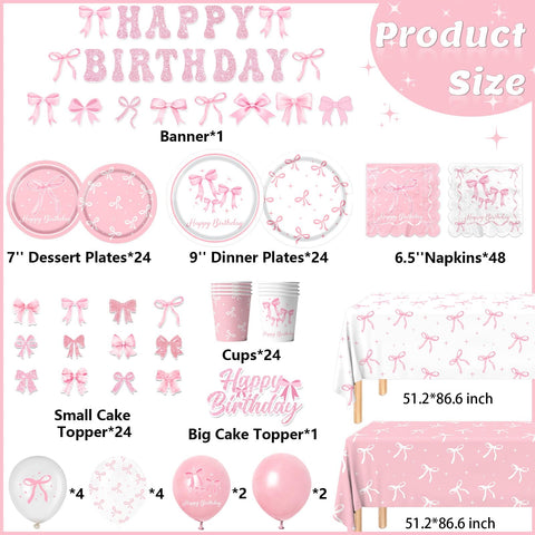 Pymurod pink bow tablecloth enhances the table setting with cohesive party aesthetics.