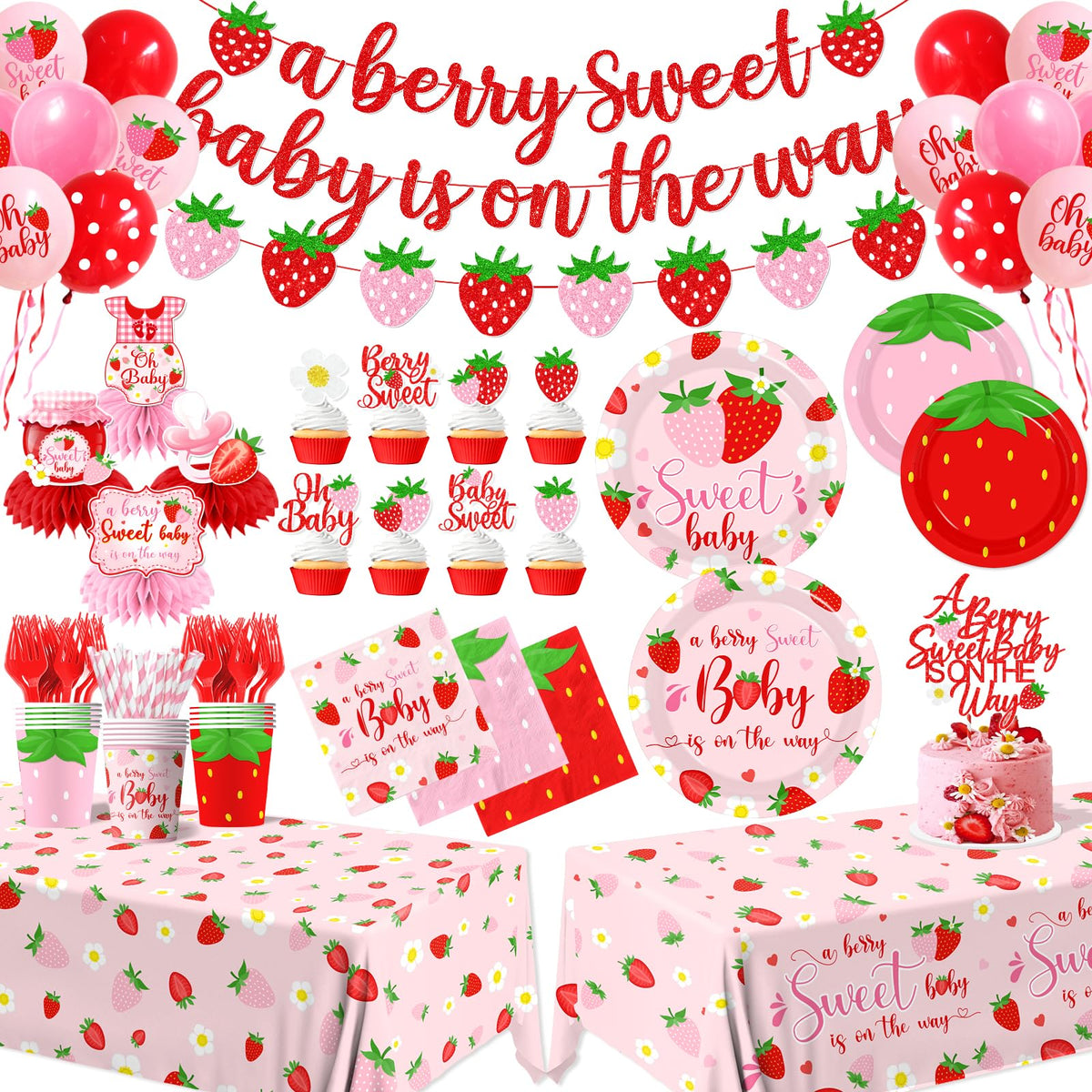 Pymurod strawberry baby shower banner enhances theme and visual appeal.