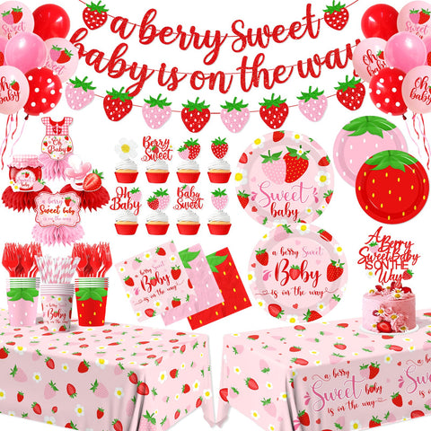 Pymurod strawberry baby shower banner enhances theme and visual appeal.