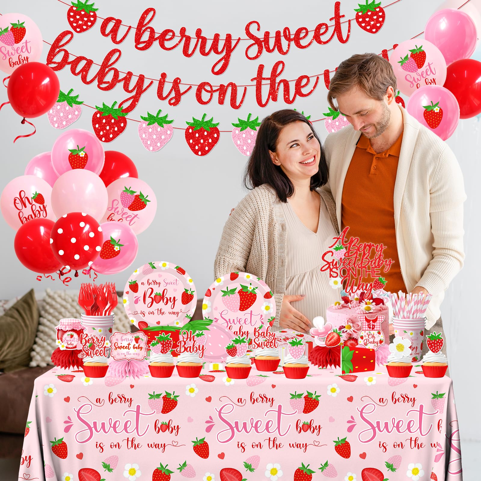 Pymurod strawberry baby shower tablecloth protects surfaces and brightens the table.