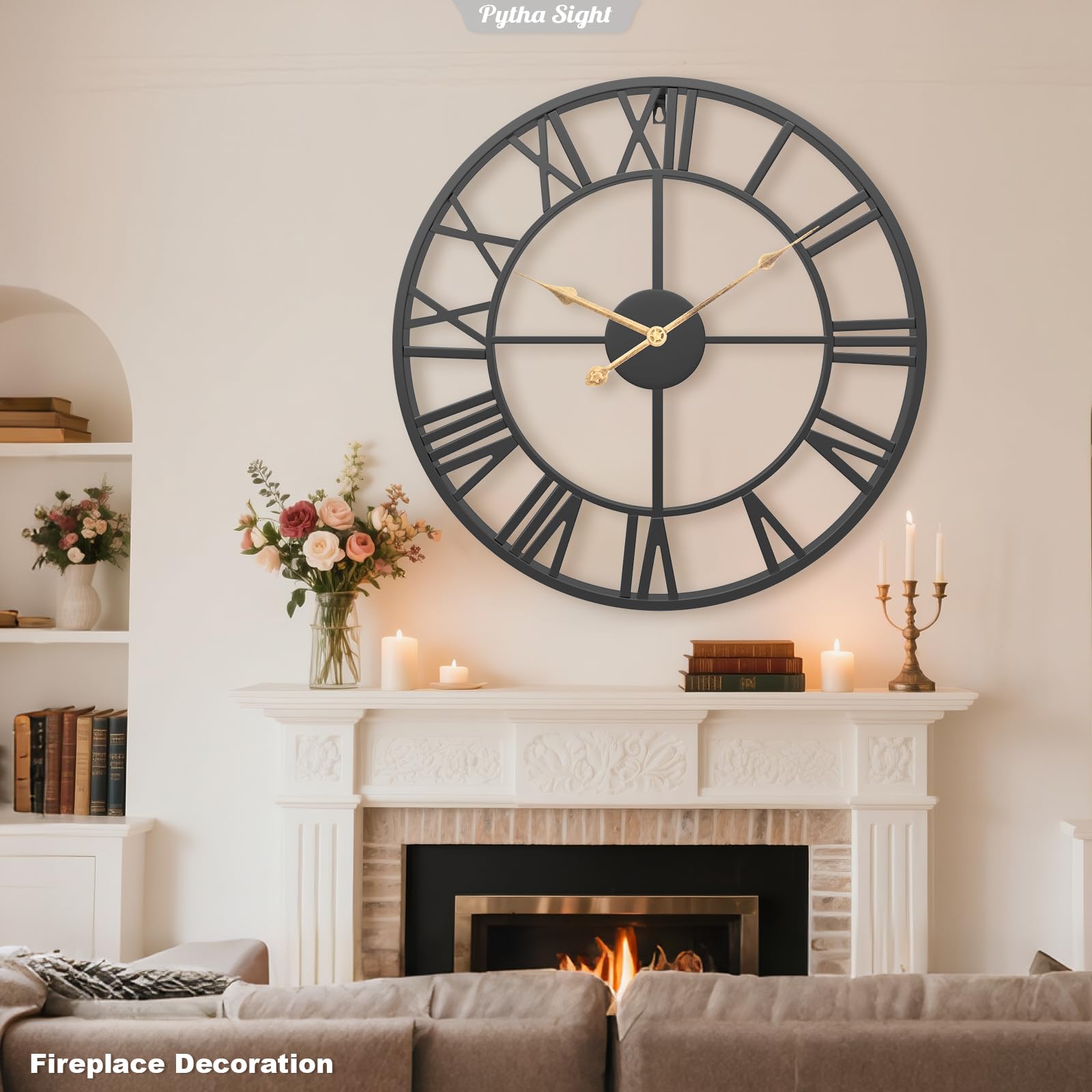 Pytha Sight large farmhouse clock on living room wall inspires guests.