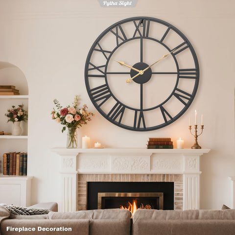Pytha Sight large farmhouse clock on living room wall inspires guests.