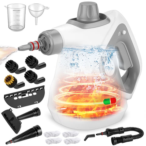 Pzmlu handheld steam cleaner front view with grey cap for powerful, chemical-free cleaning.