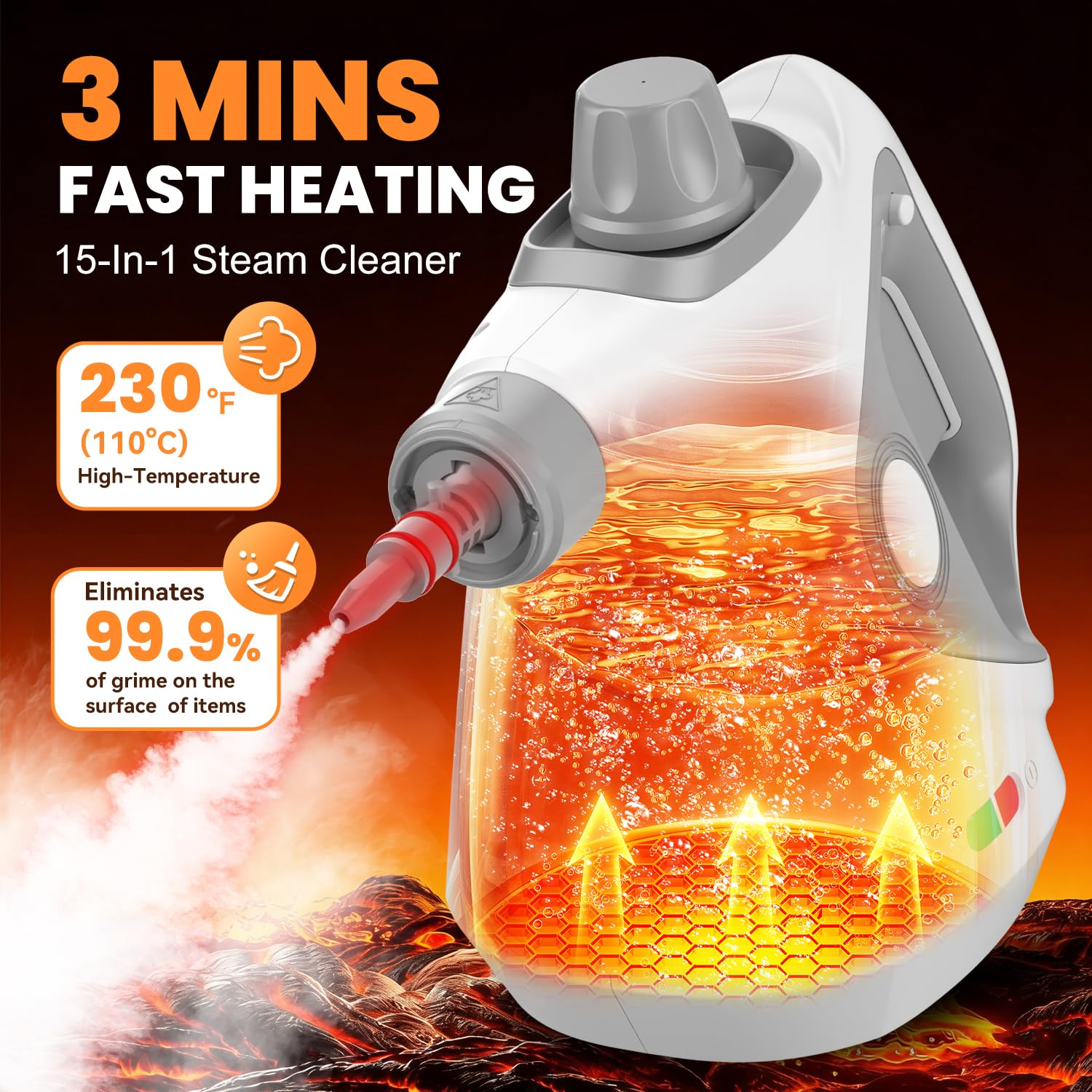 Pzmlu handheld steam cleaner side view showing ergonomic grey handle for easy cleaning.