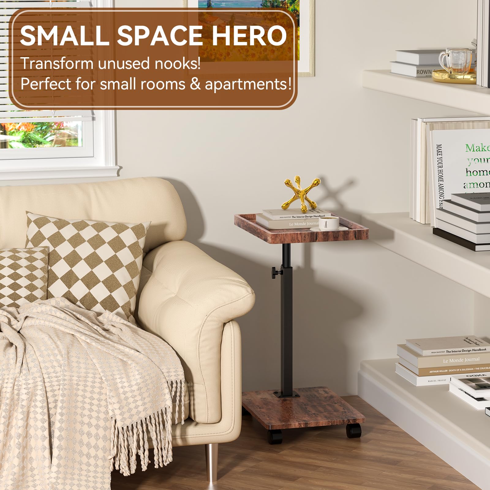 QAUUQQ C Table with rolling wheels for easy repositioning around a room