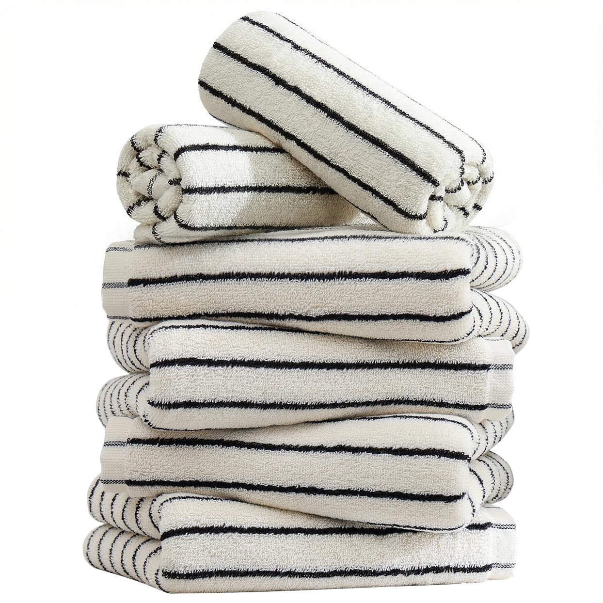 Qaxopl stripe towels draped on rack show compact, absorbent design for quick hand drying.