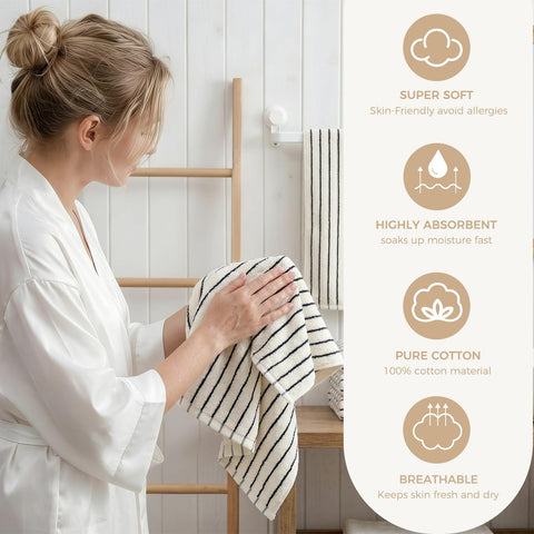 Qaxopl stripe towels folded, stacked, highlighting durability and everyday value.