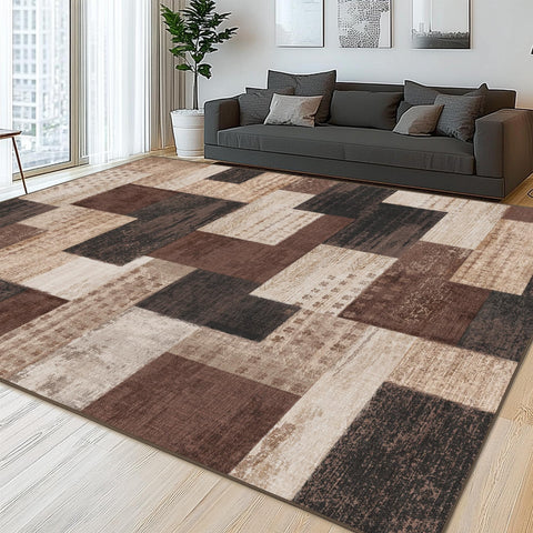 QDUIDU Modern Patchwork Rug in living room adds bold geometry for stylish floor decor