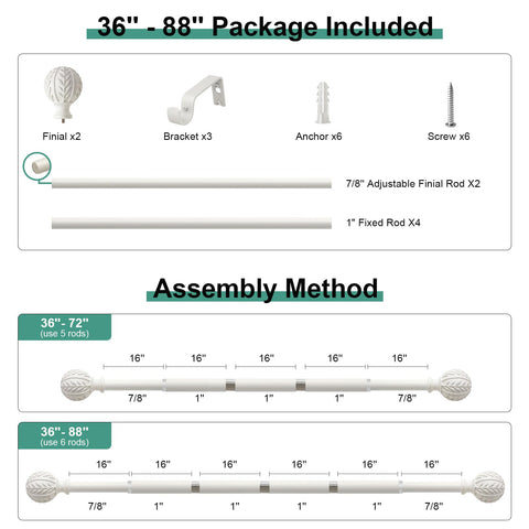 QDWIS Antique White curtain rod packaging includes all parts for setup