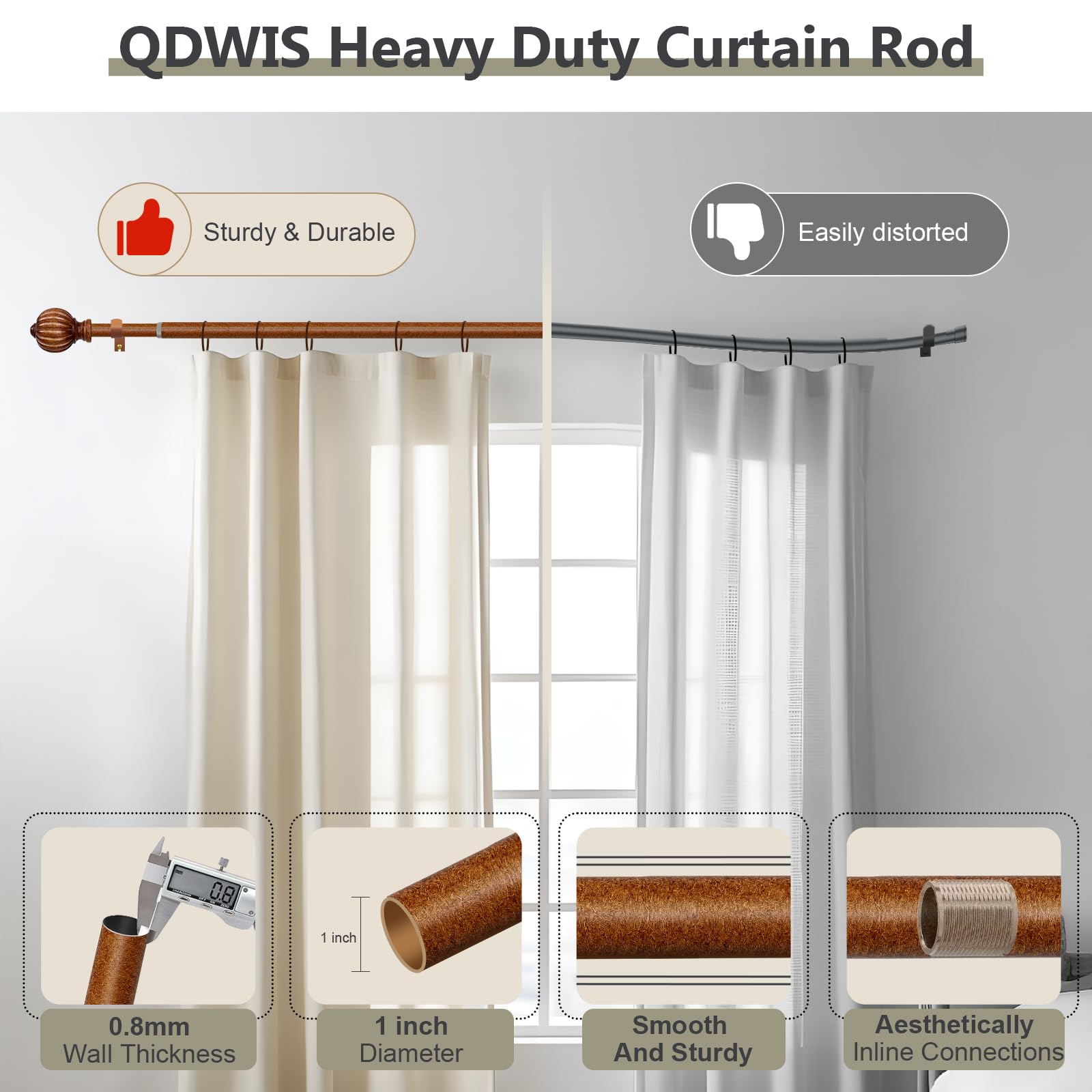 QDWIS dark brown wood-look finials enhance a warm, classic interior.