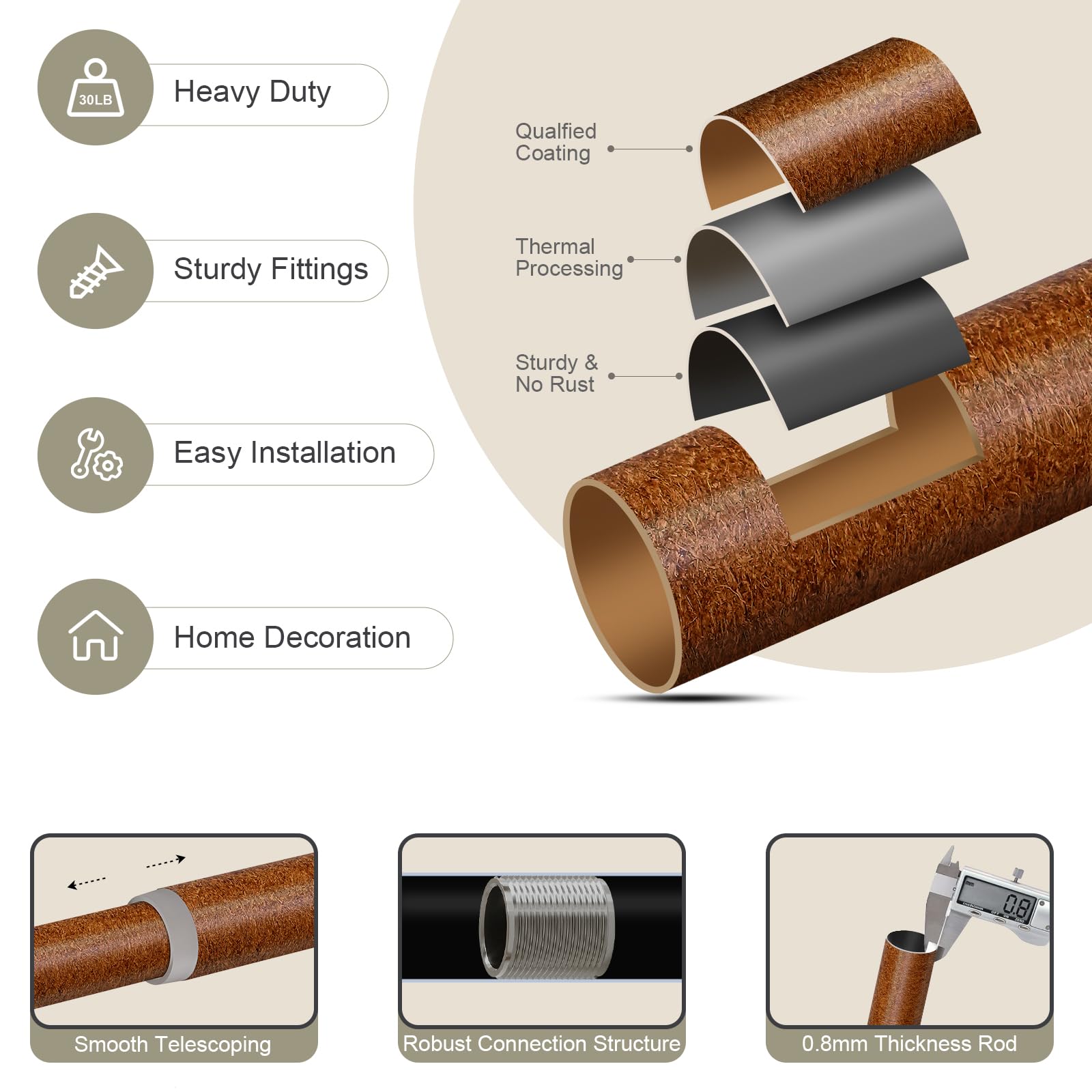QDWIS heavy-duty 1-inch curtain rod provides sturdy drapery support for heavier fabrics.