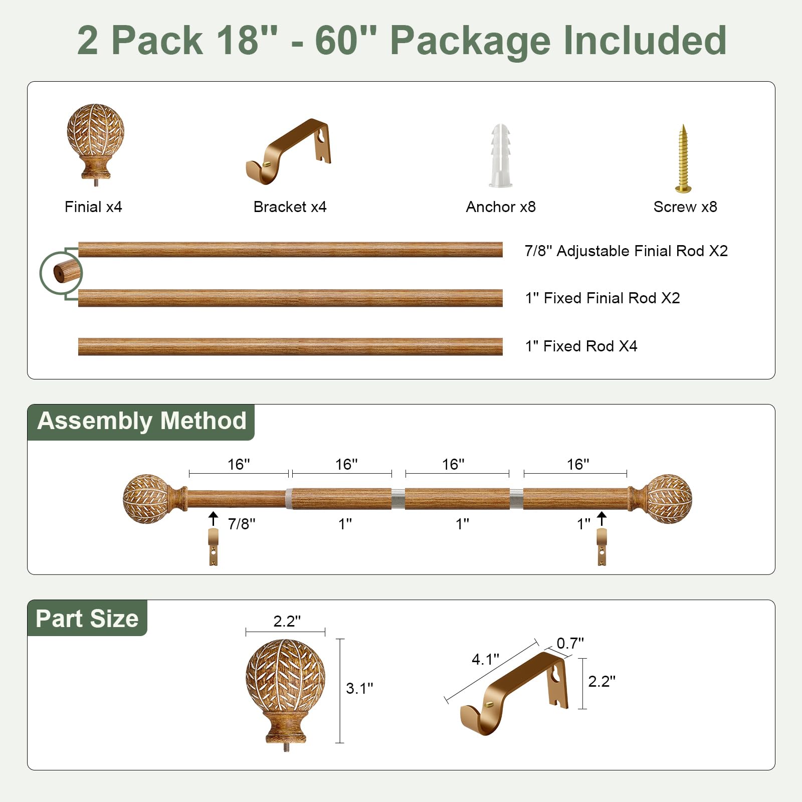 QDWIS kitchen and patio curtain rod in a natural wood look