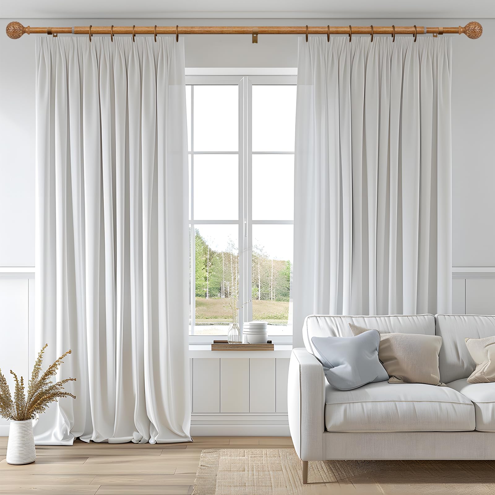 QDWIS wood curtain rod adjustable-length assembly for flexible window configurations.