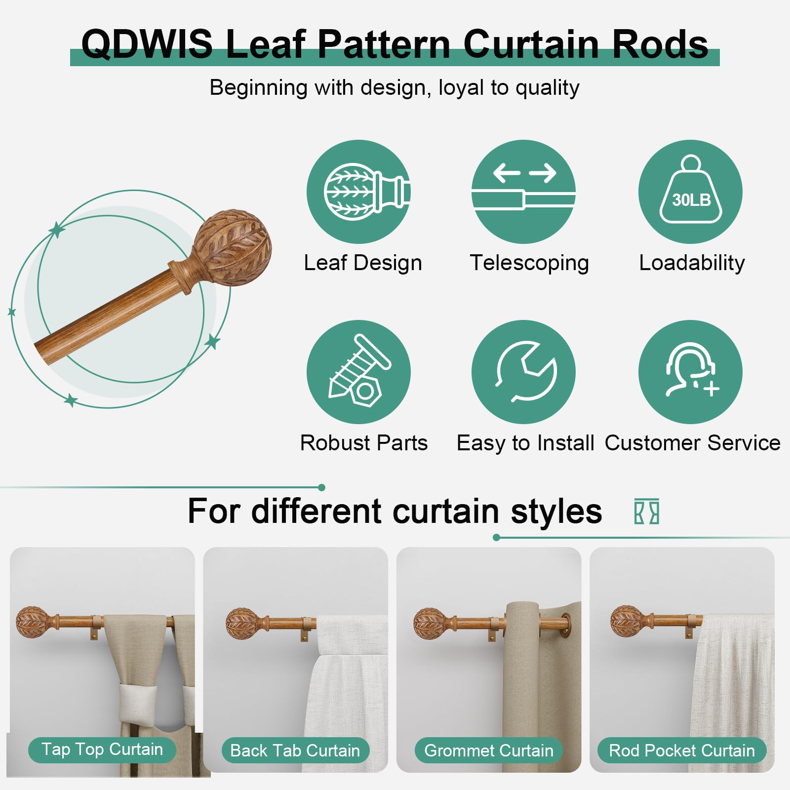 QDWIS wood curtain rod easy installation guides help you align levels.