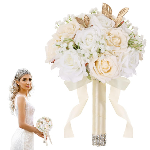 Qeedy wedding bouquet with white and champagne roses and gypsophila for timeless ceremony elegance.