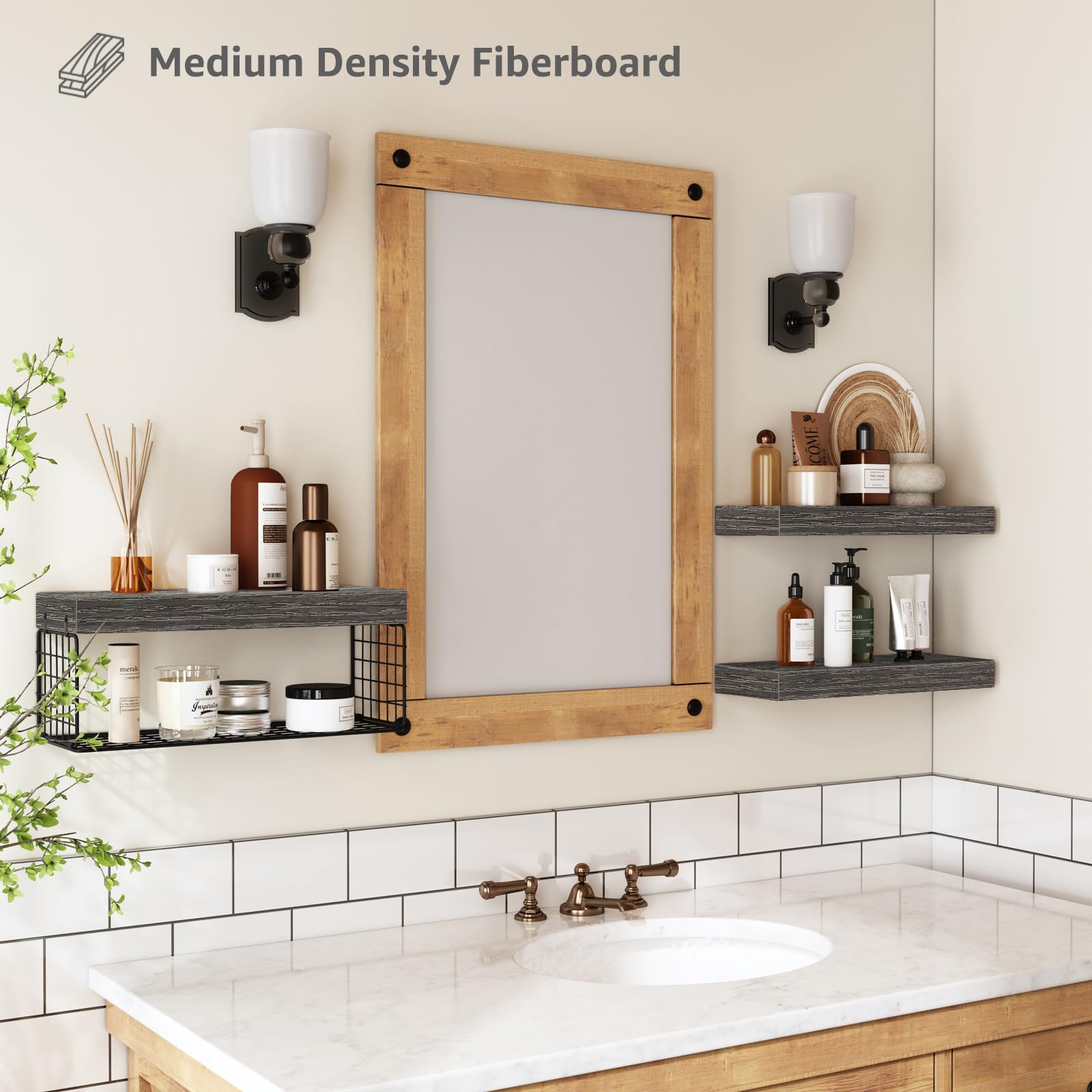 QEEIG grey shelves with metal basket holding toilet paper rolls