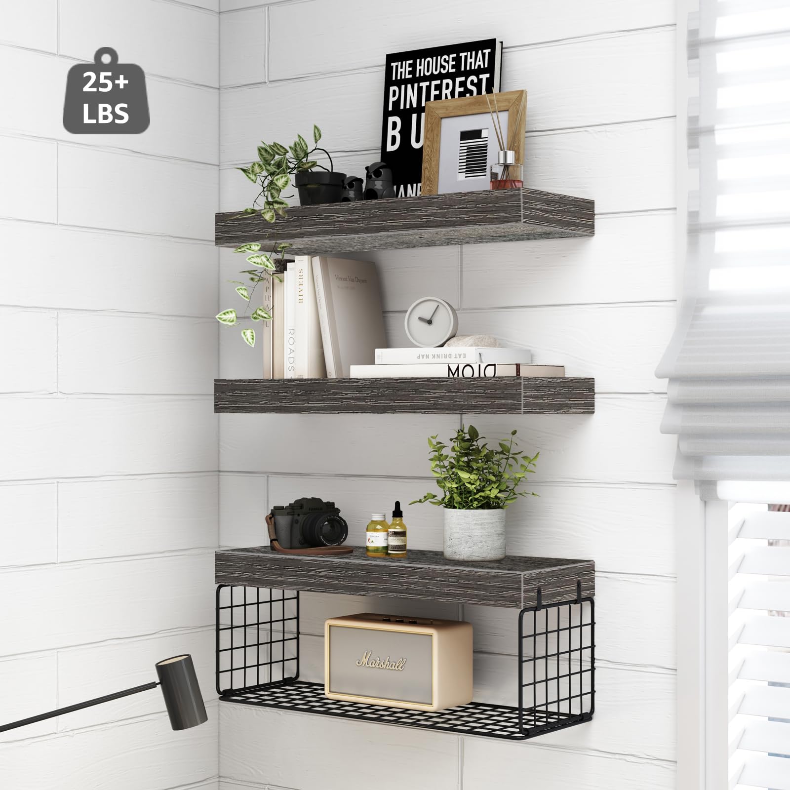 QEEIG grey over-toilet shelves in use with towels