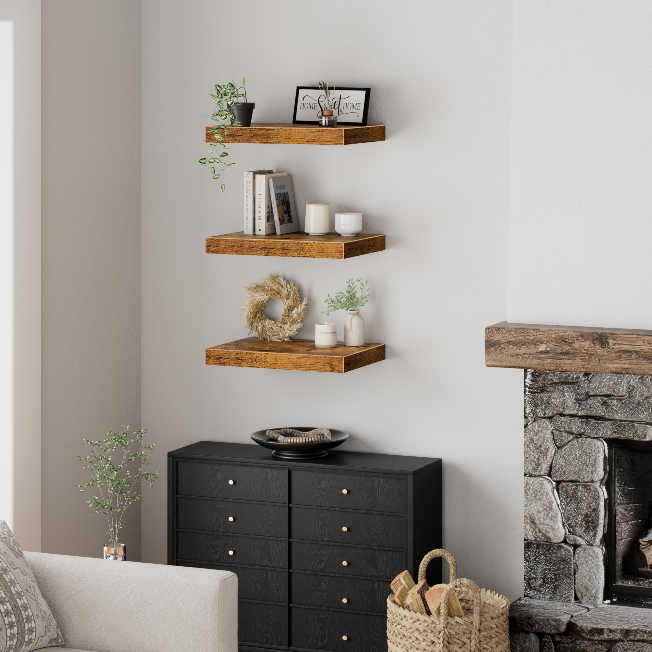 QEEIG espresso brown finish shelves blend with rustic decor.