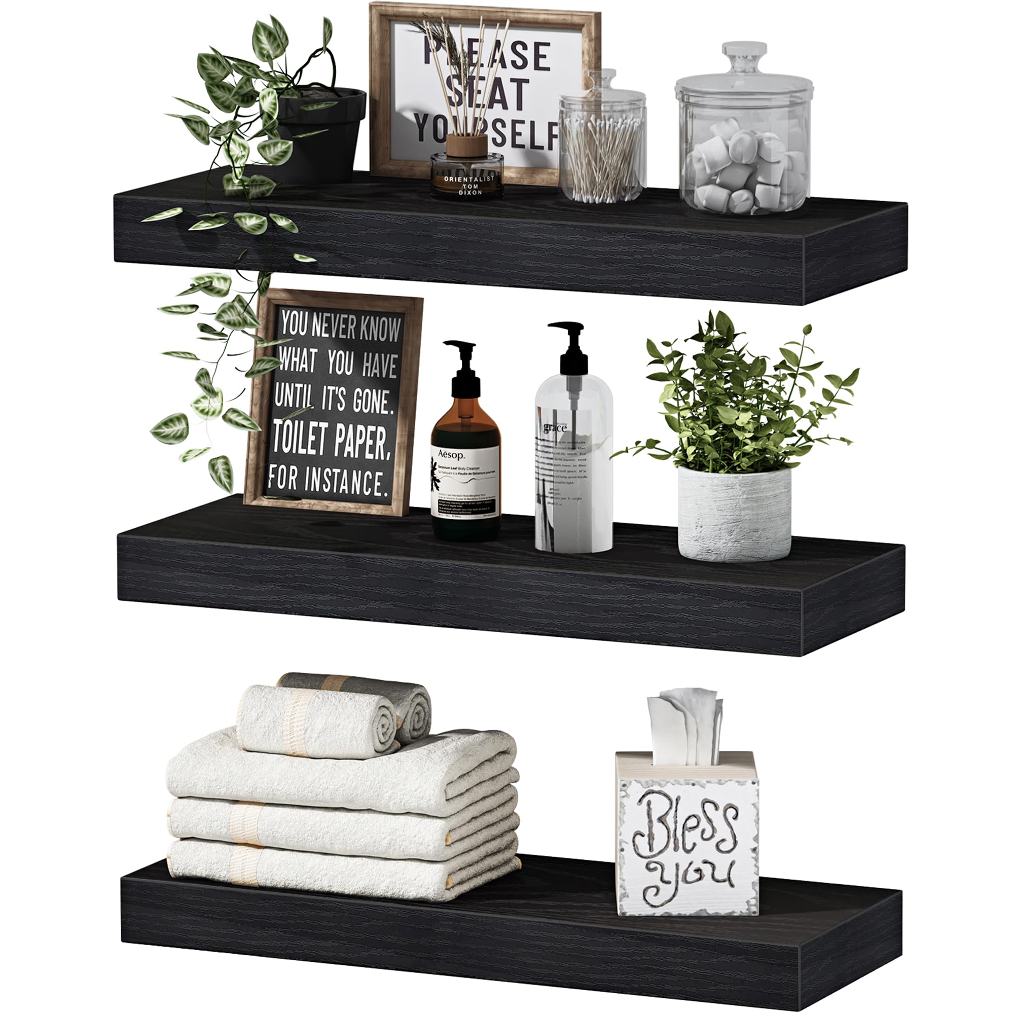 QEEIG floating bathroom shelves mounted above sink for towels and decor display.