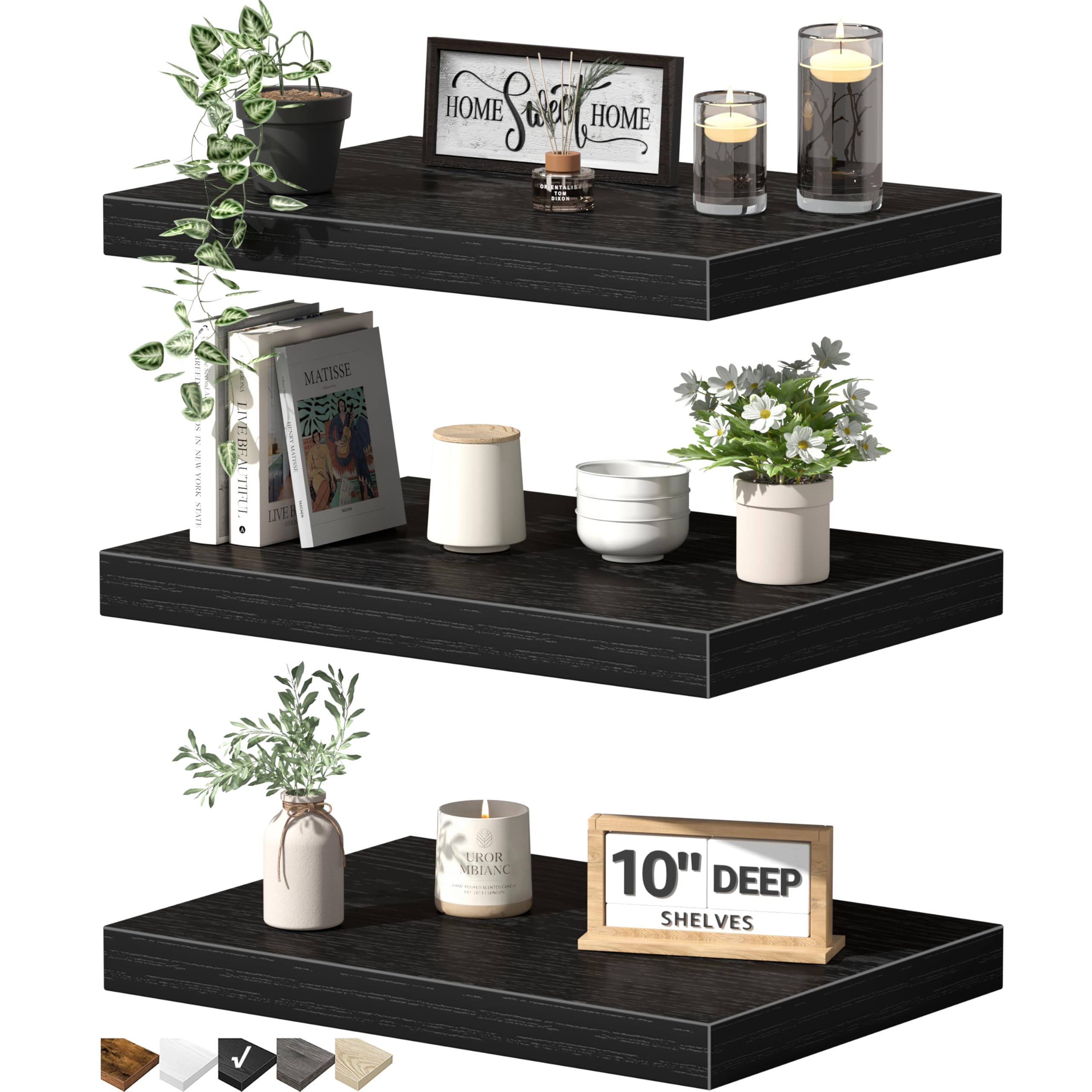 QEEIG 10in deep floating shelves installed on wall showing versatile storage