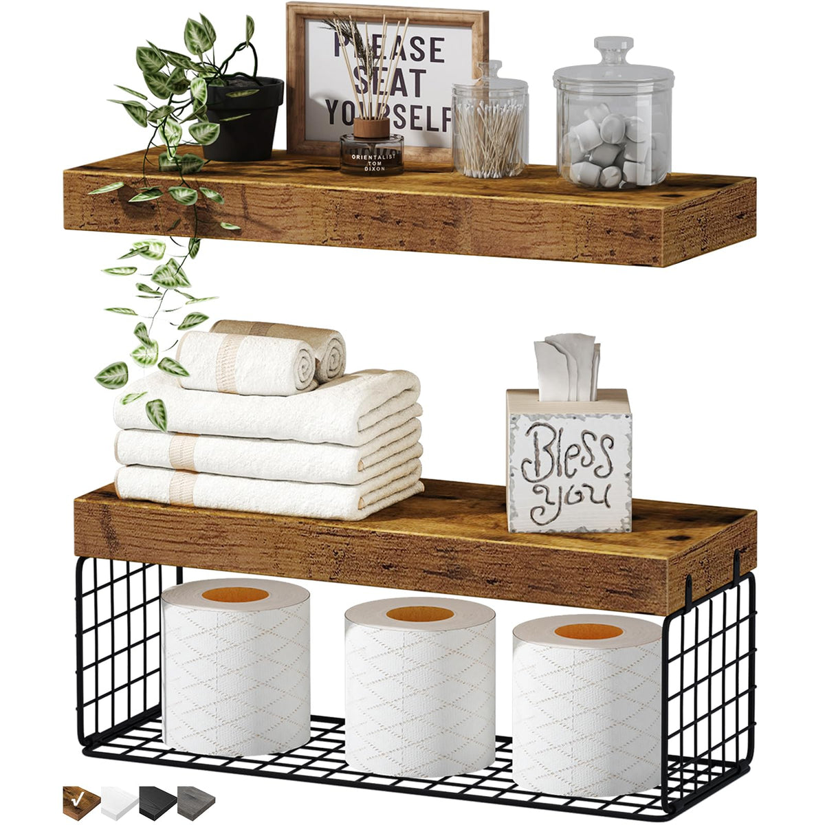 QEEIG bathroom shelves over toilet with rustic brown finish and four-roll toilet paper basket for tidy storage