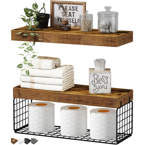 QEEIG bathroom shelves over toilet with rustic brown finish and four-roll toilet paper basket for tidy storage