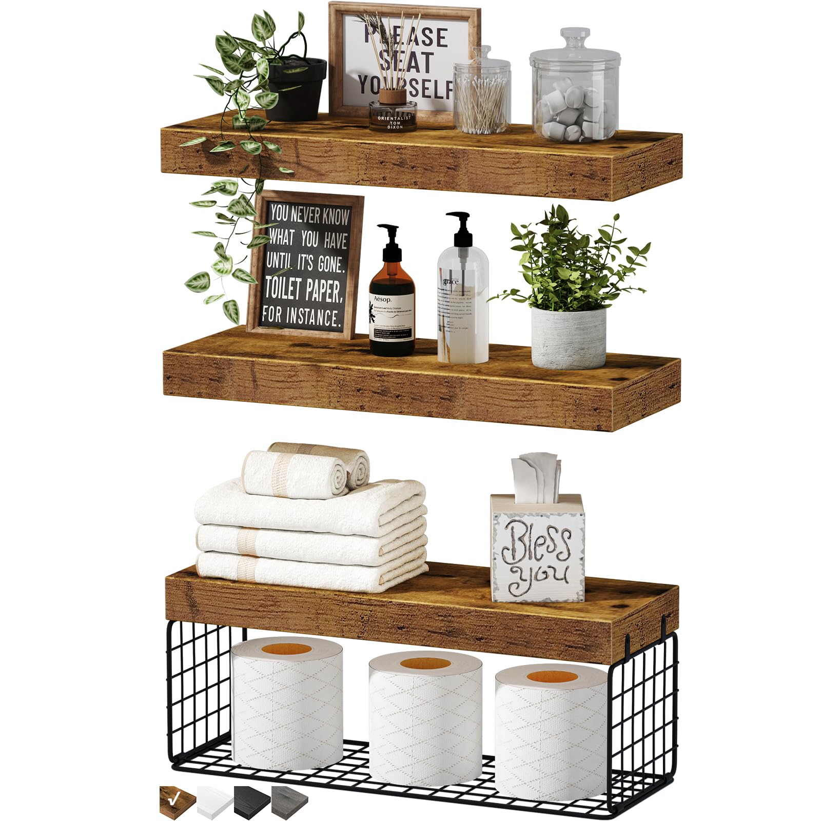 QEEIG over-toilet shelves with rustic brown finish for space-saving storage.