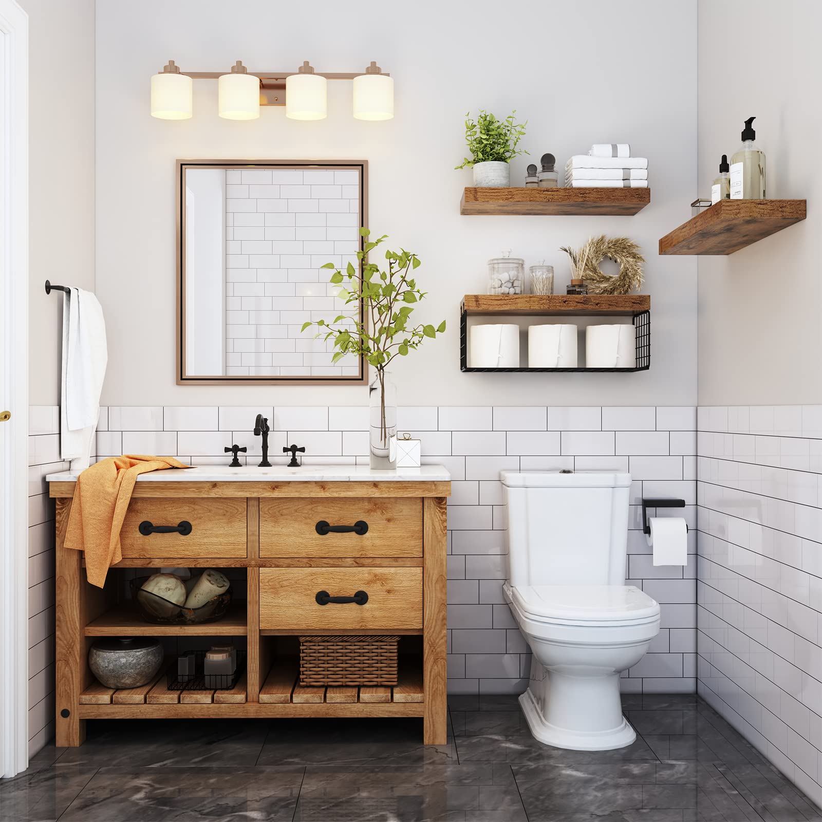 QEEIG floating shelves in rustic brown add organized bathroom storage.