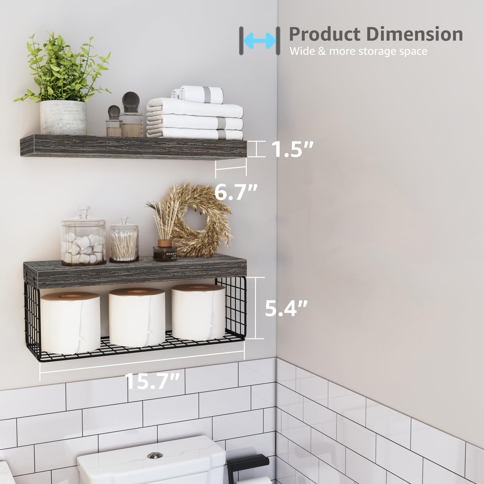 QEEIG floating shelves with toilet paper basket ready for towels and books