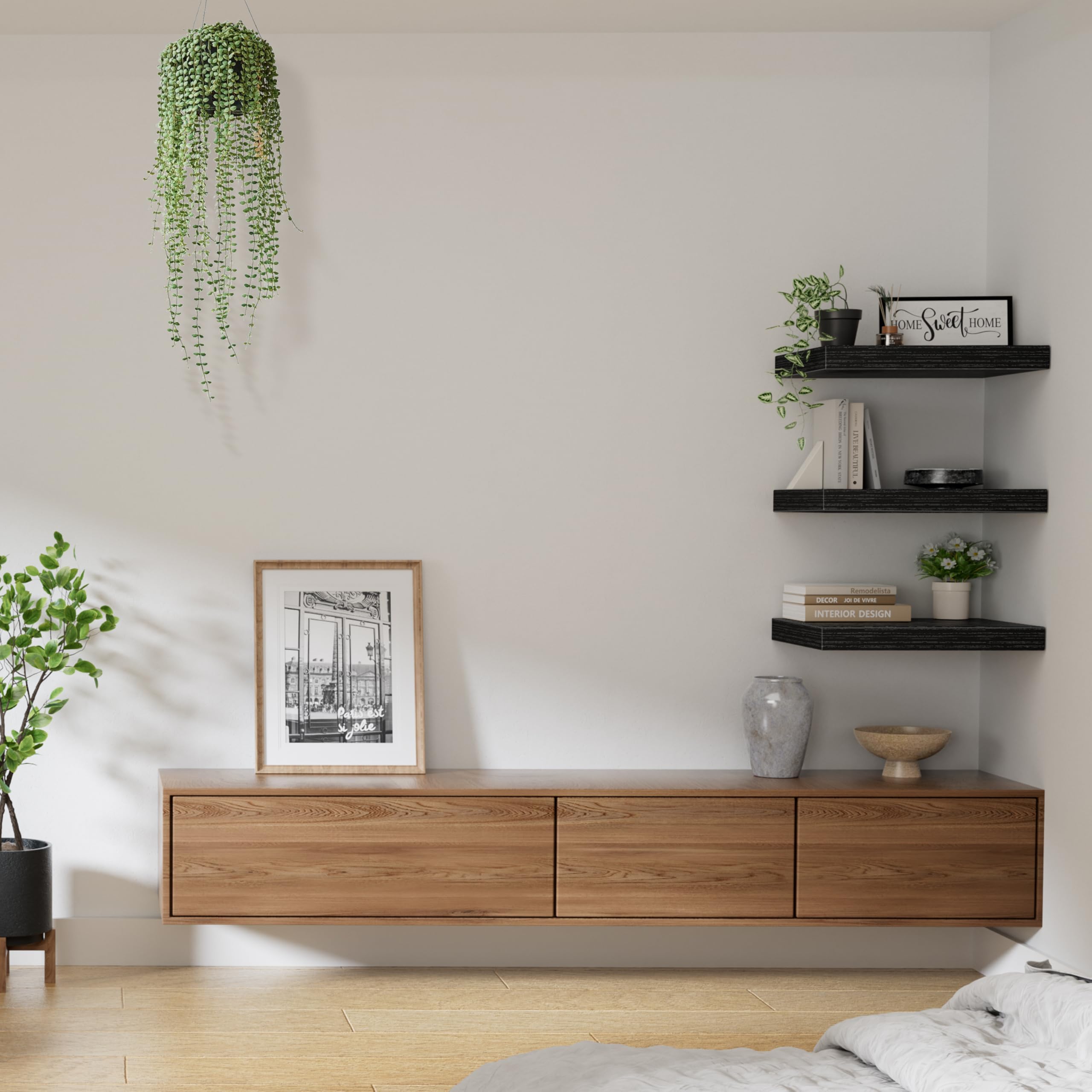 Living room wall decorated with QEEIG shelves and decor