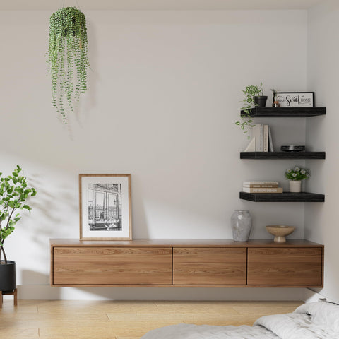 Living room wall decorated with QEEIG shelves and decor