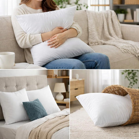 Qeils 18x18 pillow insert on couch demonstrates versatile home styling