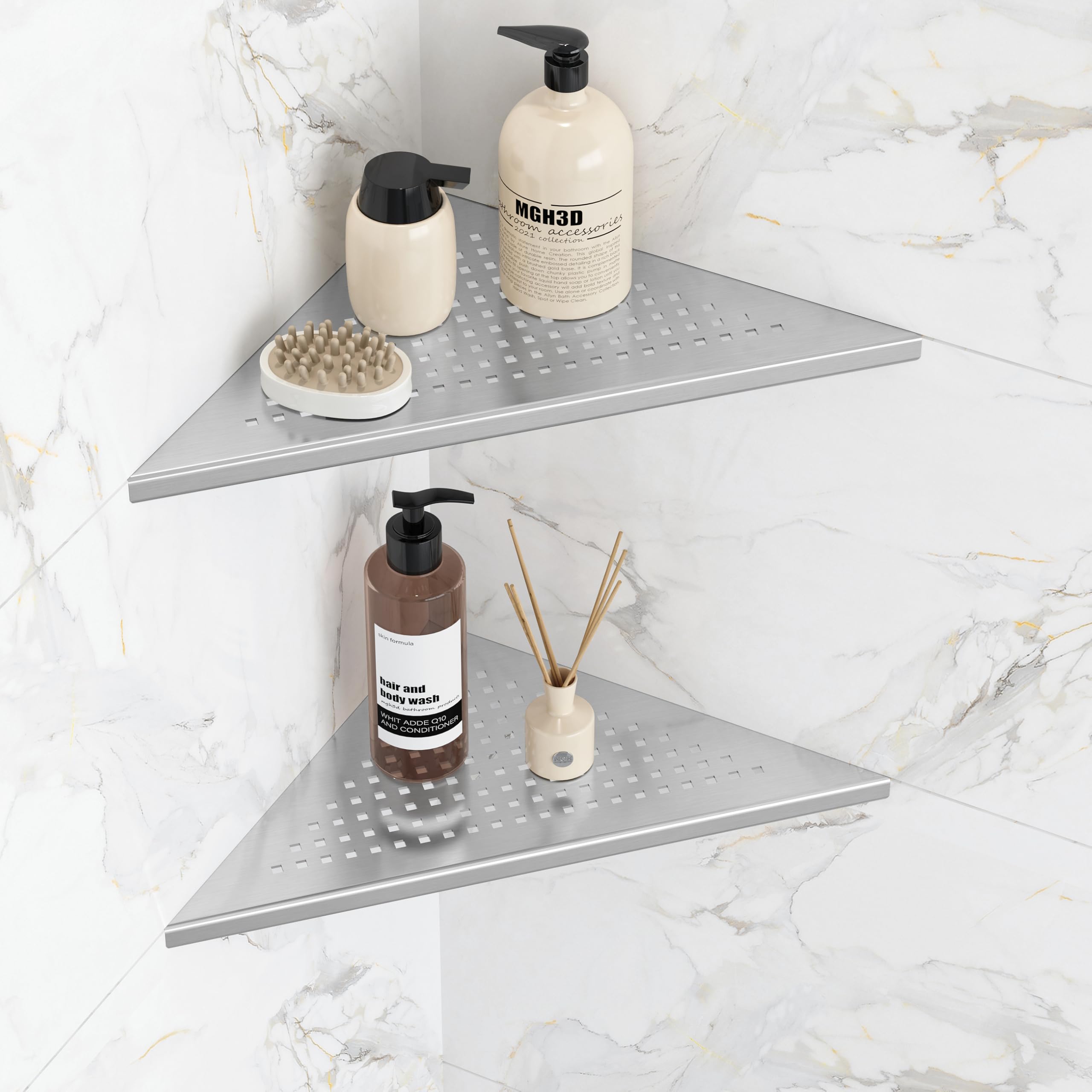Qeke corner shower shelf brushed nickel 2-pack installed in a tiled corner for organized bath products.