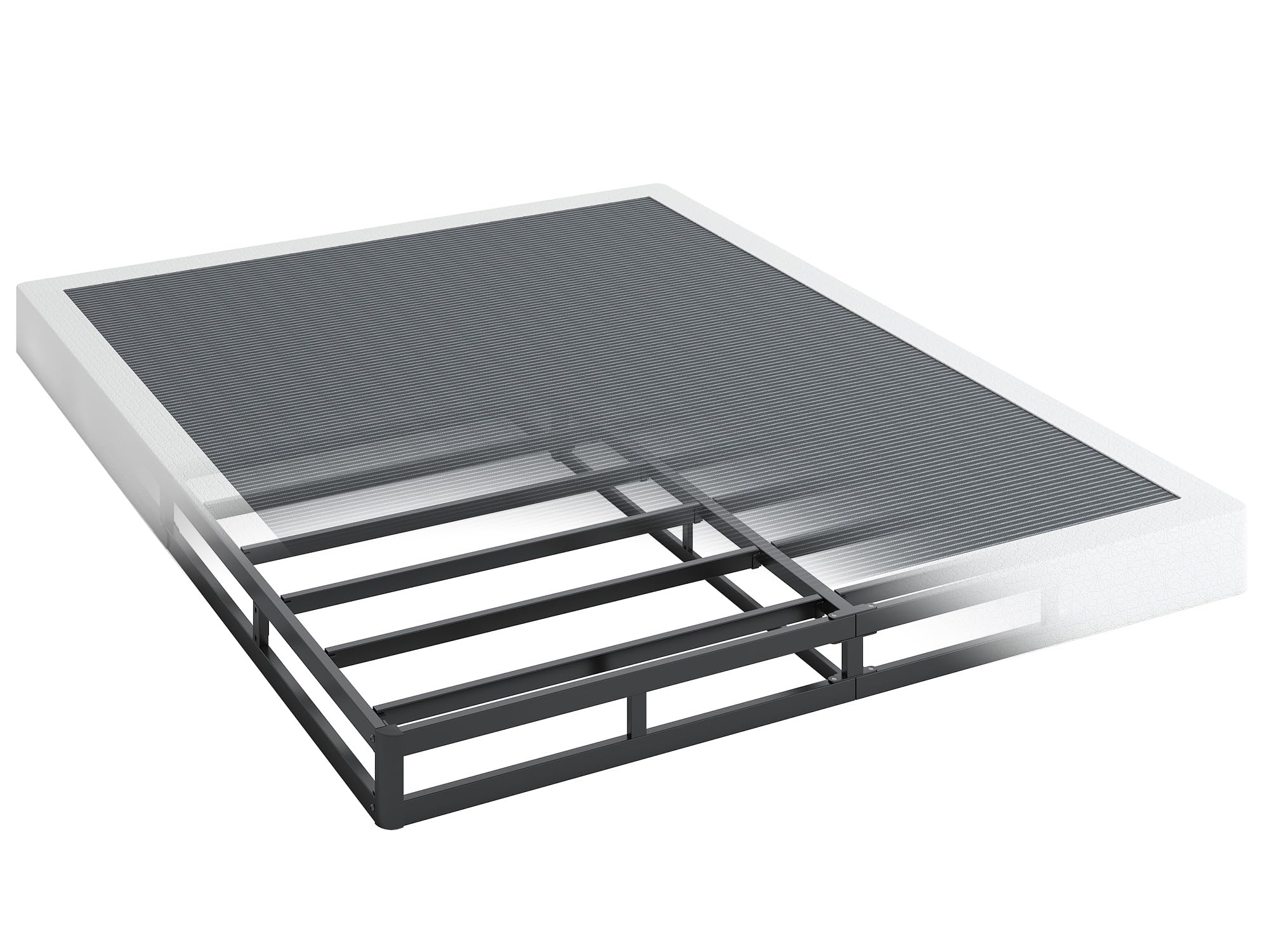 QEROMY 5-inch low-profile box spring with sturdy steel frame supports queen mattresses.