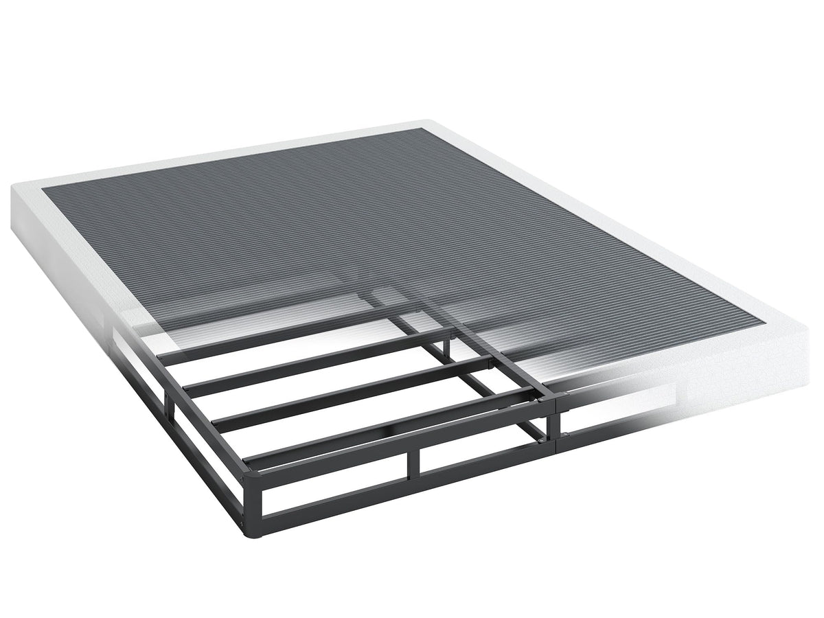 QEROMY 5-inch low-profile box spring with sturdy steel frame supports queen mattresses.