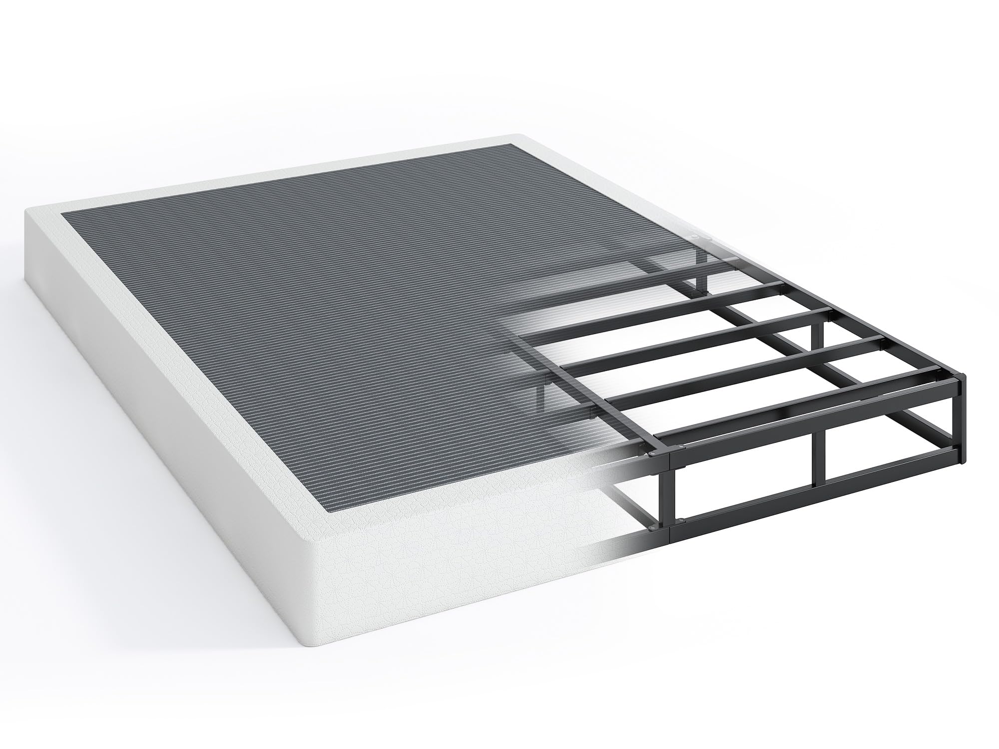 QEROMY 7-inch low-profile box spring frame provides sturdy queen support for a low bed.