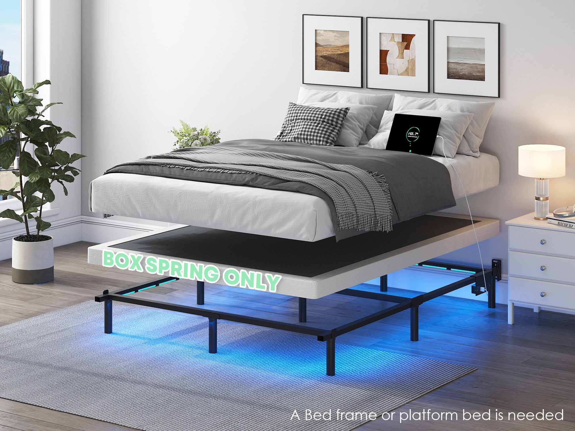 QEROMY queen-size box spring side profile showing low height and stability.