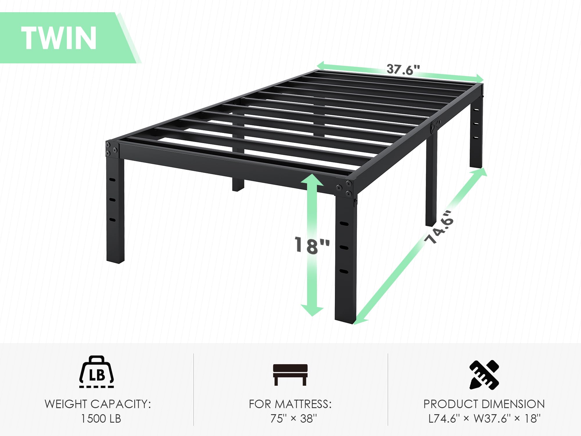 QEROMY twin bed frame front view shows balanced support and clean minimalist lines.