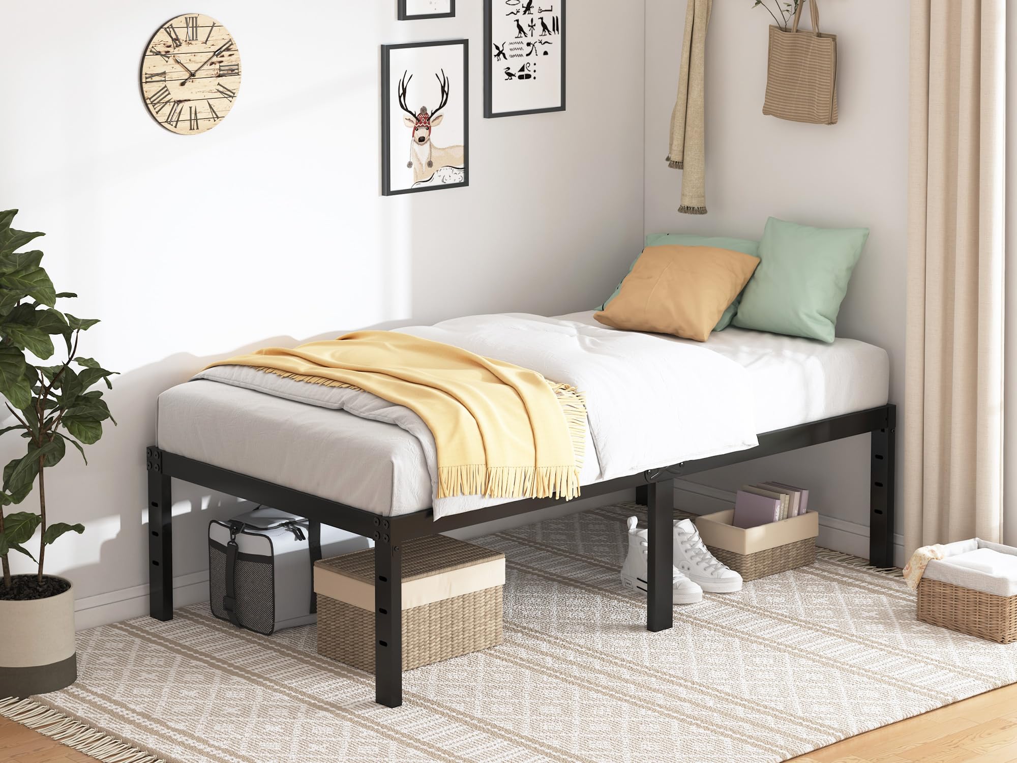 QEROMY twin bed frame side view highlights sturdy welded steel construction for lasting stability.