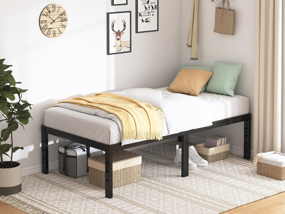 QEROMY twin bed frame side view highlights sturdy welded steel construction for lasting stability.