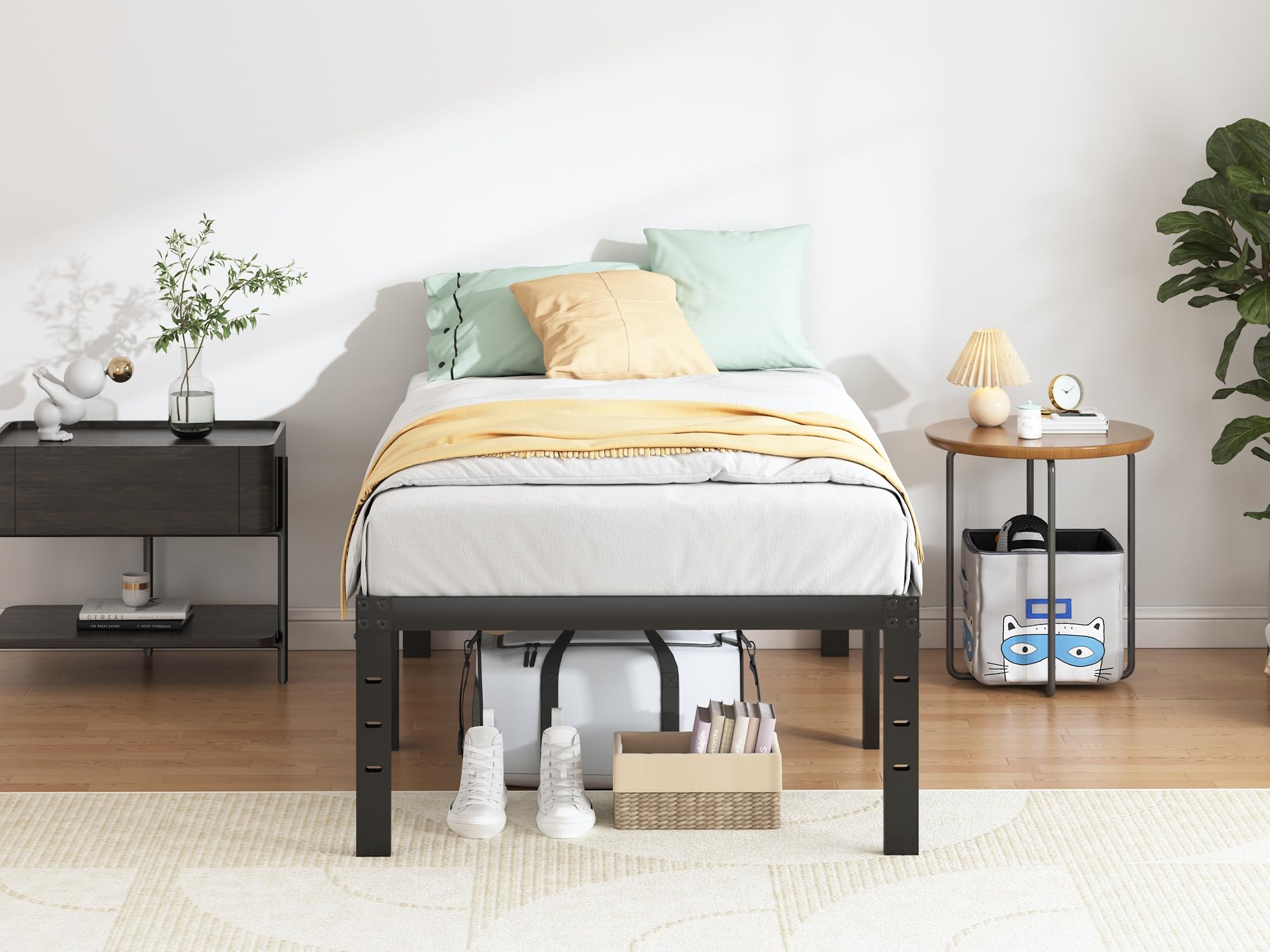 QEROMY Twin XL bed frame no box spring needed, firm mattress support.