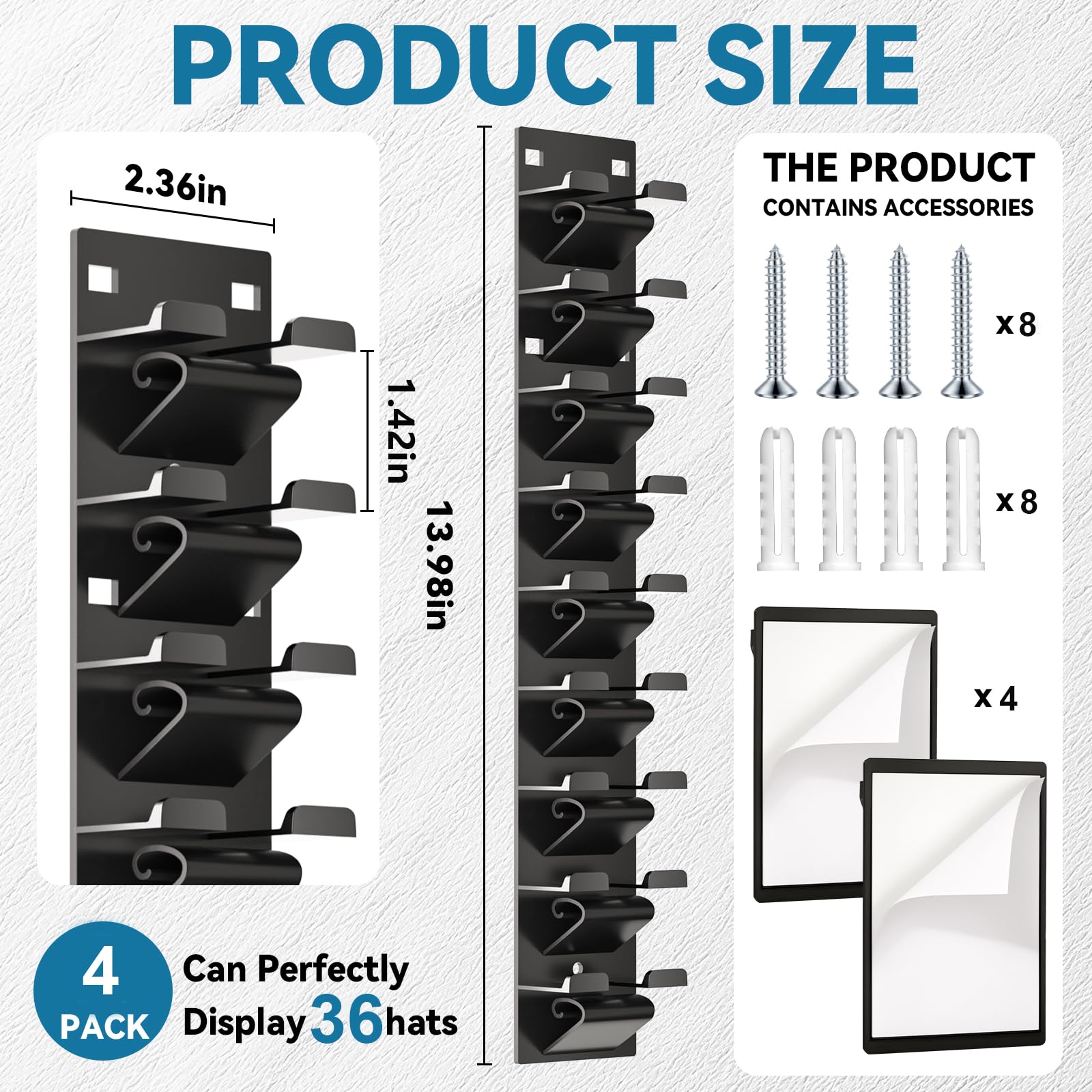 Qeuhehdi 4-pack hat racks installation options shown for damage-free mounting.