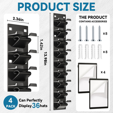 Qeuhehdi 4-pack hat racks installation options shown for damage-free mounting.