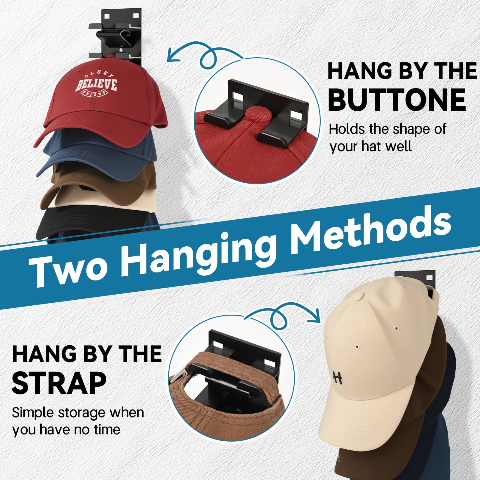 Qeuhehdi baseball-cap organizer holds nine hats per tier with clear visibility.