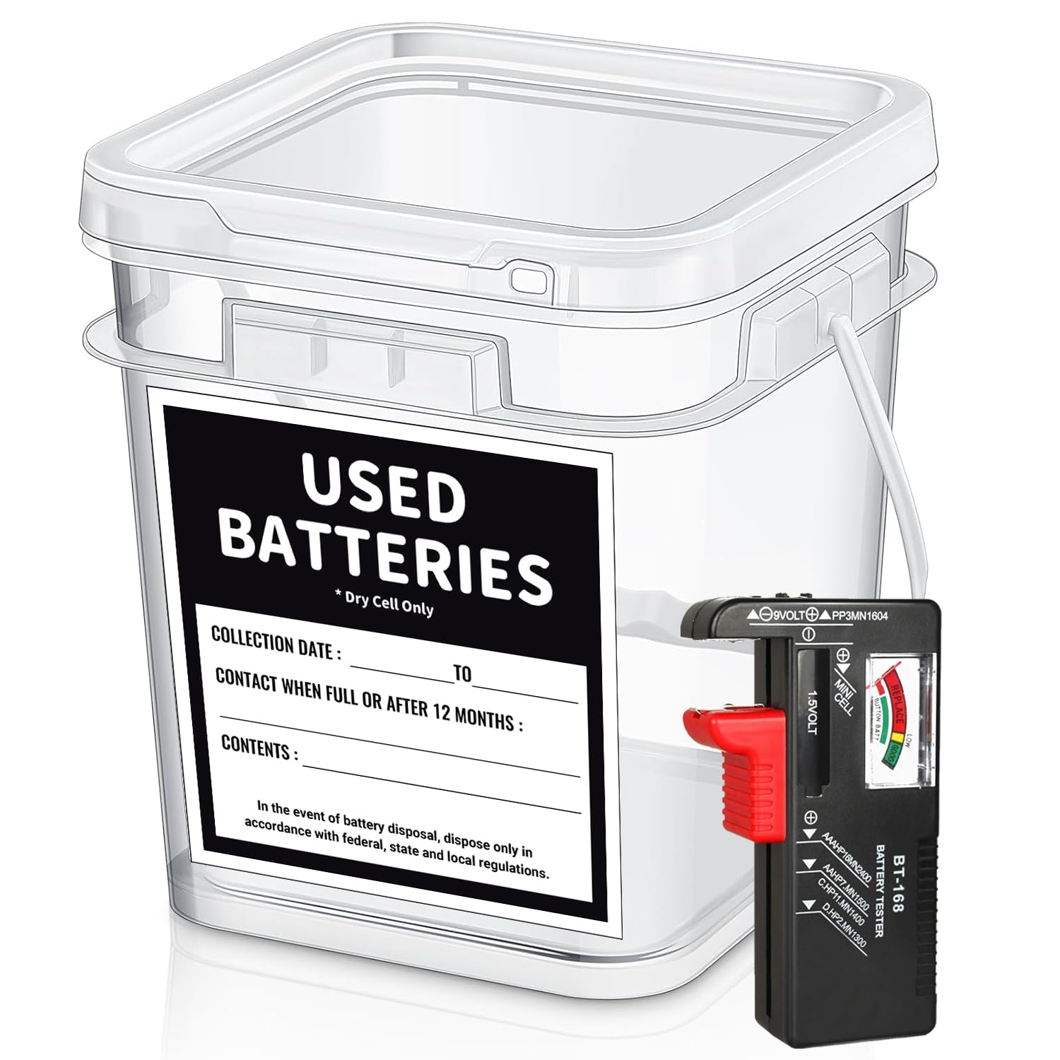 QHAND battery recycling container with lid securely stores used batteries.