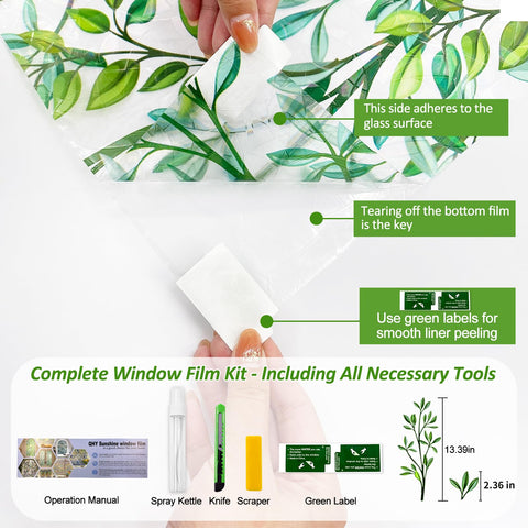 QHYsunshine leaf-pattern window film close-up showing decorative greenery and color