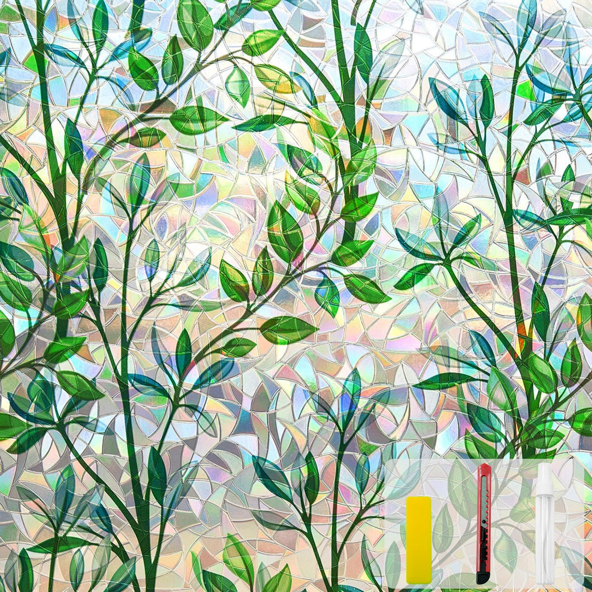 QHYsunshine leaf rainbow privacy film on window with sunlit rainbow effect