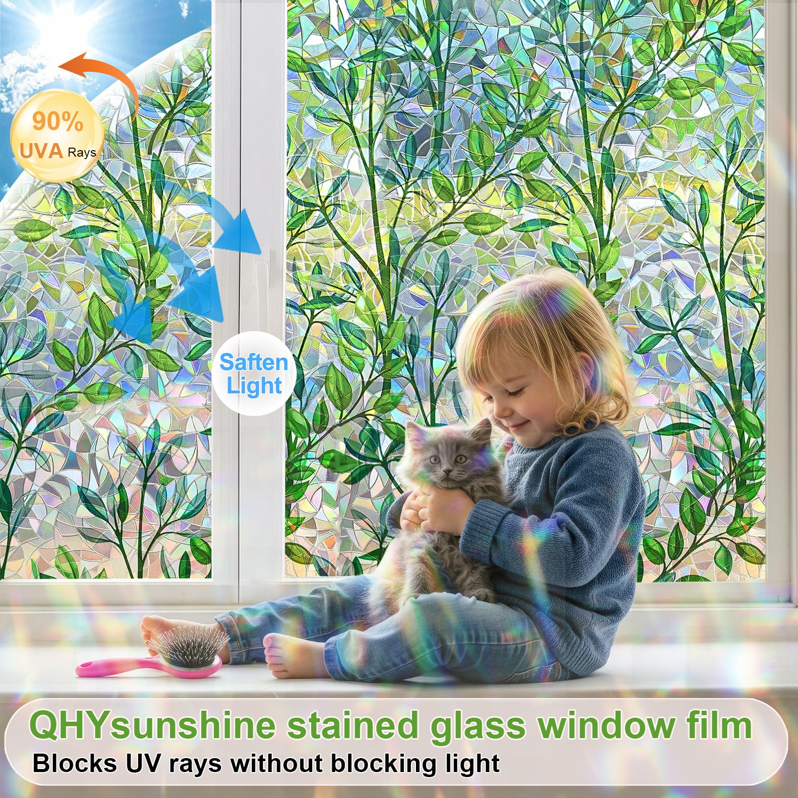 QHYsunshine living room setup featuring leaf rainbow privacy film