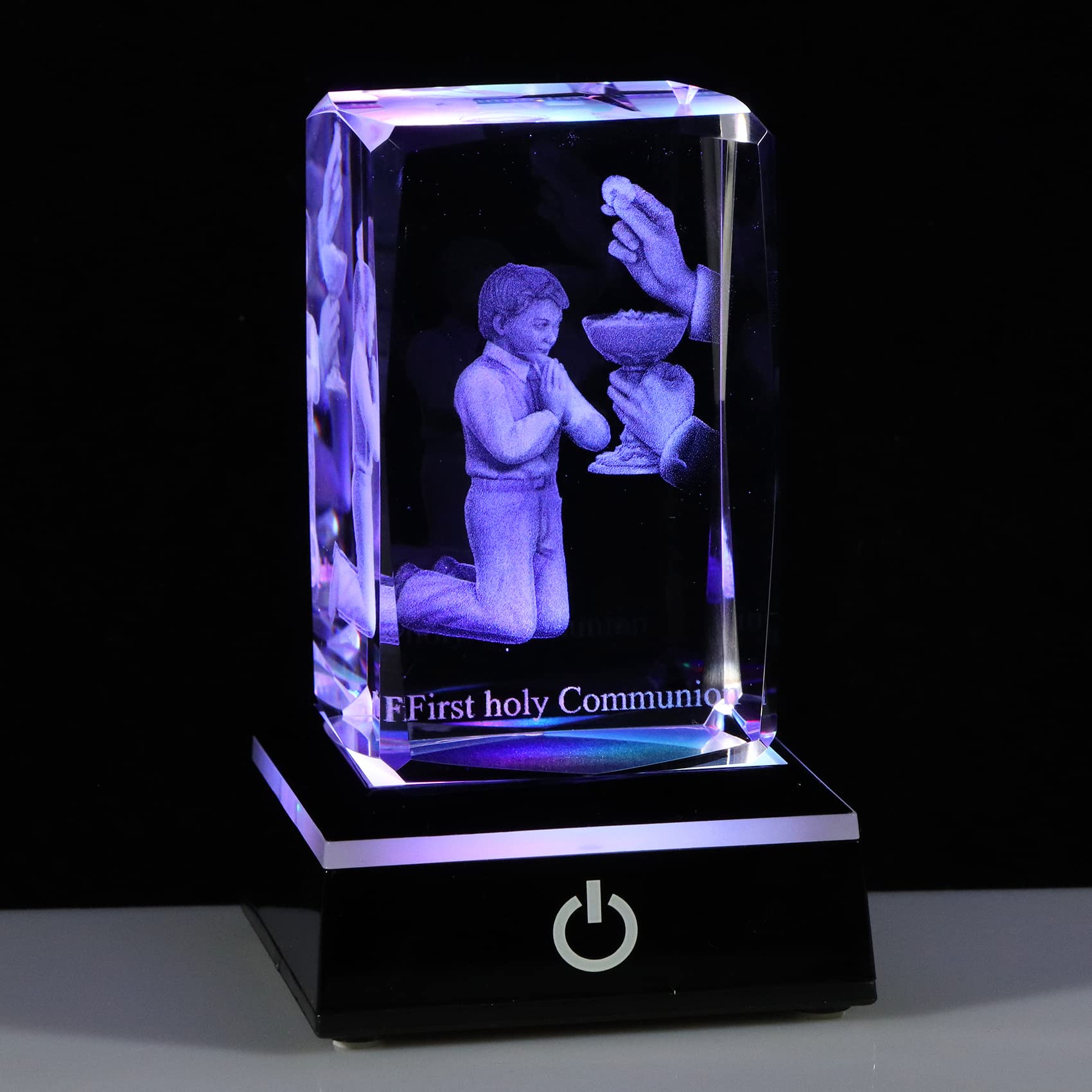 Qianwei 3D engraved crystal praying boy keepsake for display.
